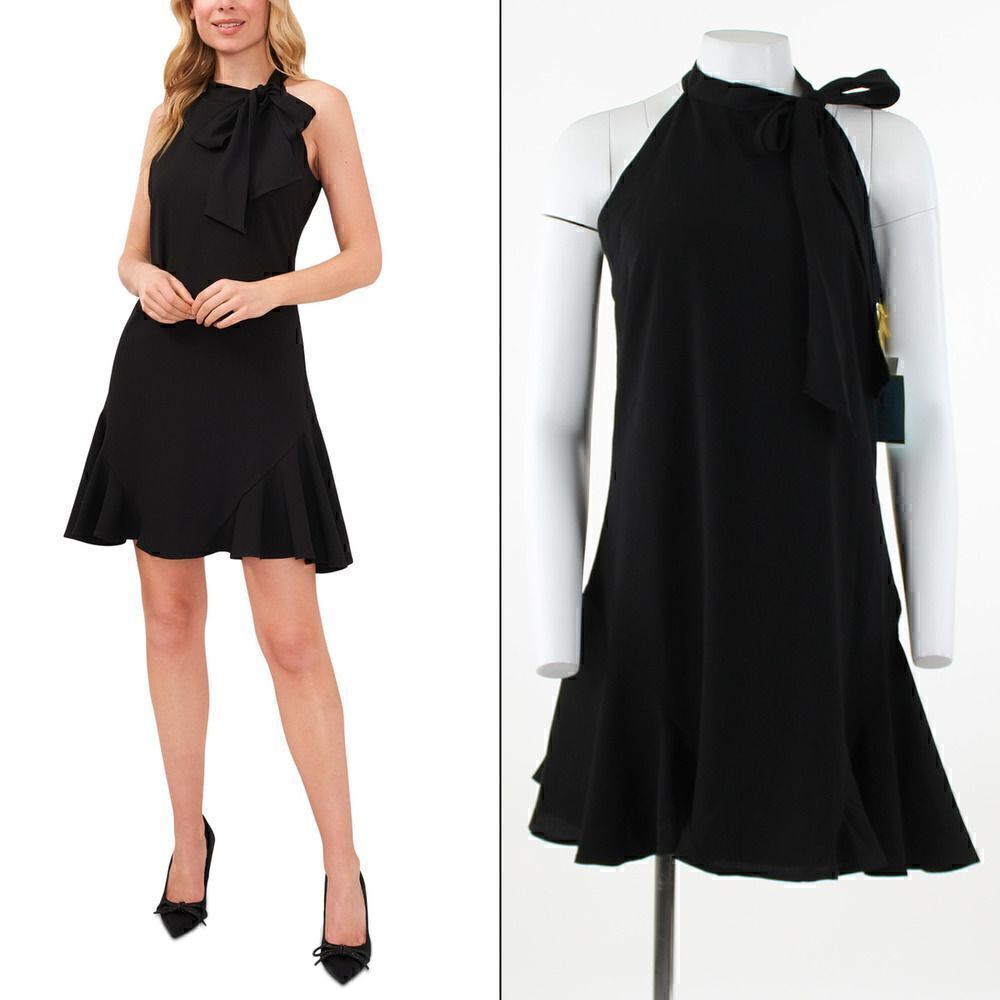 CeCe Tie Neck Sleeveless Dress in Rich Black